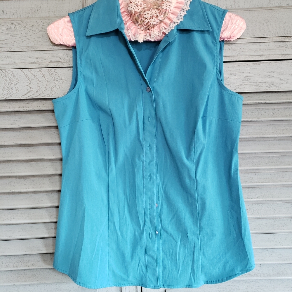 💙Fred David stretch women's sleeveless button up blouse, size M, turquoise💙